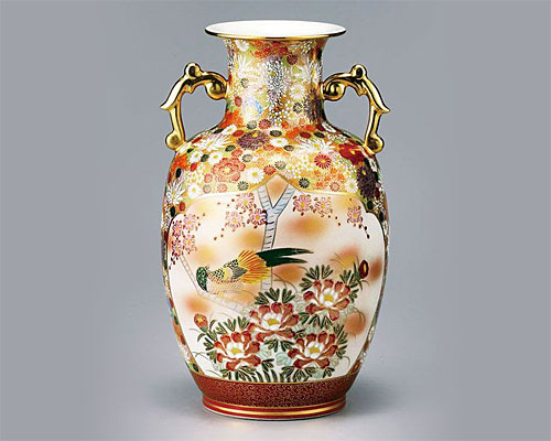 九谷焼 １２号耳付花瓶「銀彩牡丹の図」 - 花瓶