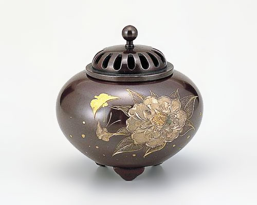 高岡銅器 銅製 香炉 彫金 平丸 牡丹