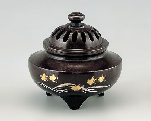 高岡銅器 銅製 香炉 彫金 玉利久 波千鳥 徳色