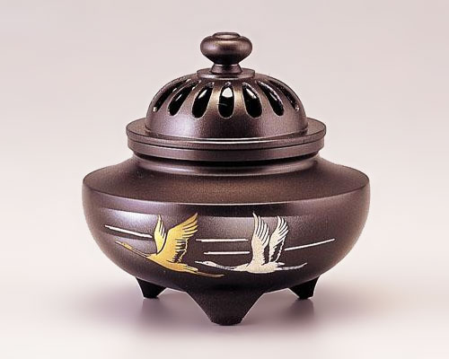 高岡銅器 銅製 香炉 彫金 玉利久 双鶴