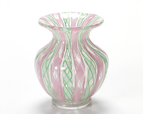 ベネチアガラス バラリン スモールベース（花瓶） ピンク×グリーンレース