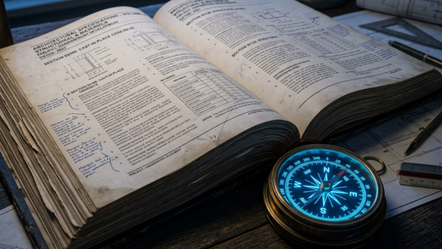 Open book with architectural diagrams and notes beside a luminous compass on wooden desk