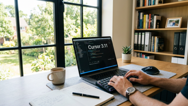 Person typing on a laptop displaying Cursor 3.11 code editor near a notebook and coffee cup on a wooden desk
